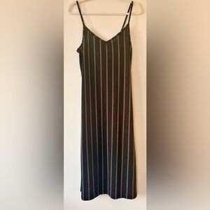 Roxy Striped Midi Slip Dress Black Tan Adjustable Straps - Side Slit - Size M